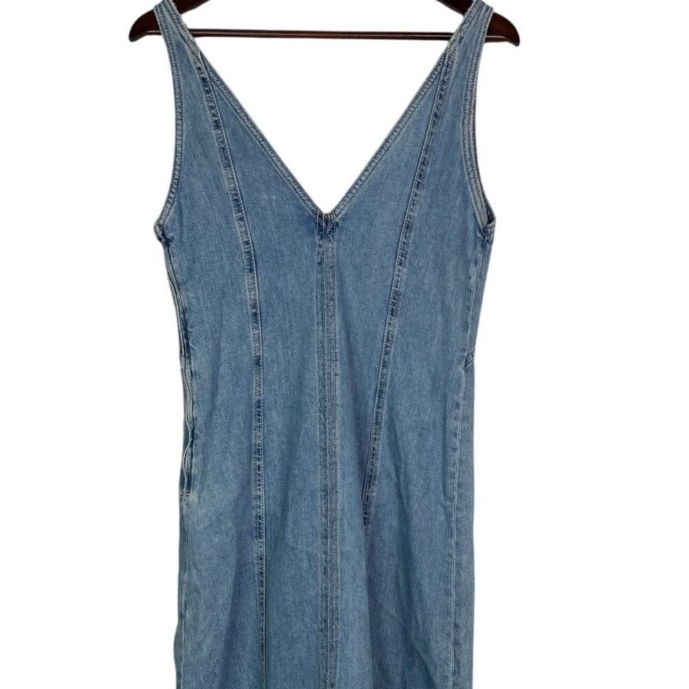 Zara Oversized Denim Seamed V Neck Sleeveless Midi Dress Side Zip Up S Blue Wash - Picture 8 of 16